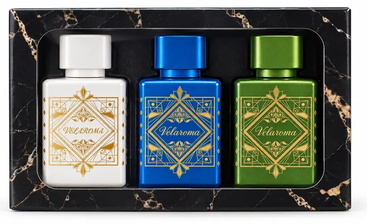 El Kit x3 VELAROMA en su caja negra y en su caja turquesa para ella